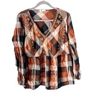 Savanna Jane Top Women's 2X Steal Away Home Embroidered Plaid Bohemian